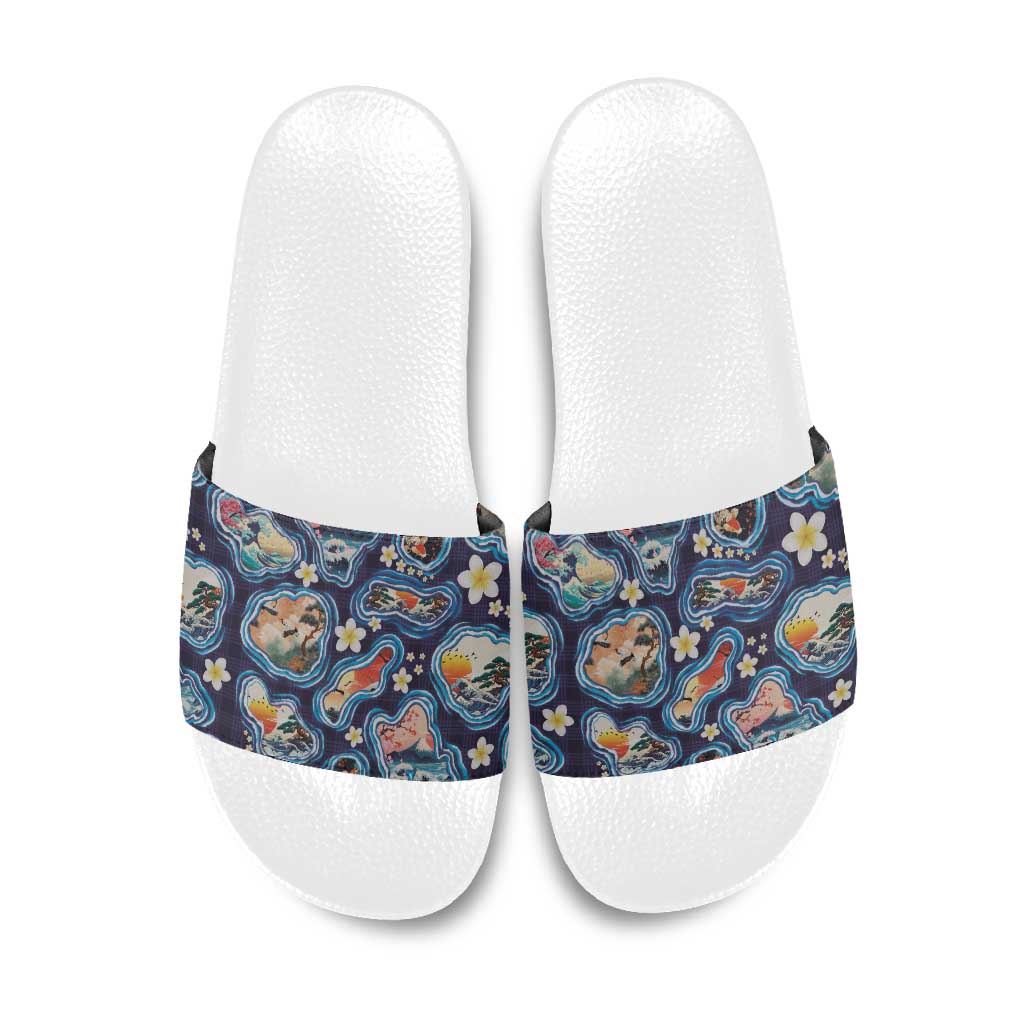Hawaii Islands Map Design with Japanese Landscape Slide Sandals Hawaiian Japan Fusion Art Navy Color LT03 Navy - Polynesian Pride