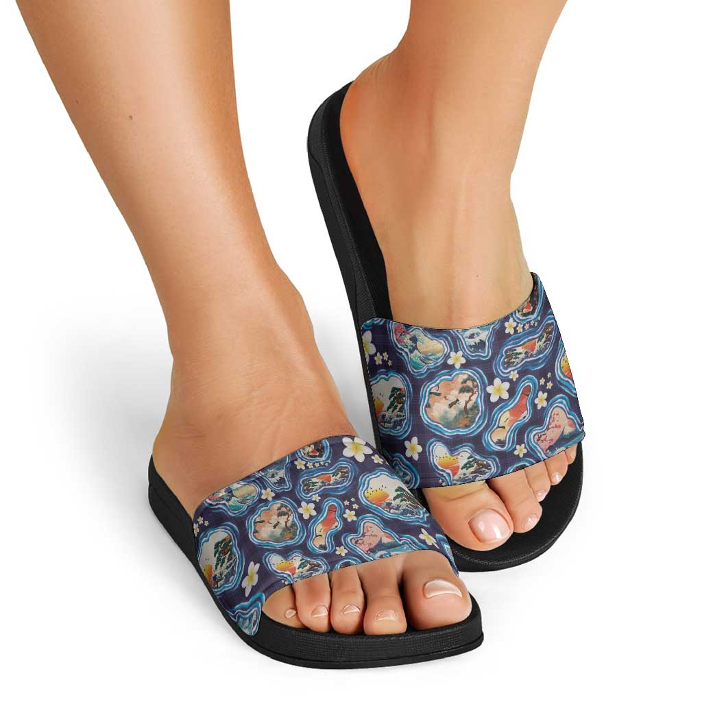 Hawaii Islands Map Design with Japanese Landscape Slide Sandals Hawaiian Japan Fusion Art Navy Color LT03 - Polynesian Pride