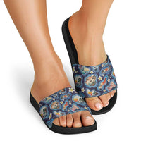 Hawaii Islands Map Design with Japanese Landscape Slide Sandals Hawaiian Japan Fusion Art Navy Color LT03 - Polynesian Pride