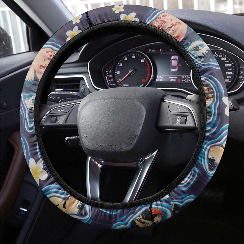 Hawaii Islands Map Design with Japanese Landscape Steering Wheel Cover Hawaiian Japan Fusion Art Navy Color LT03 - Polynesian Pride