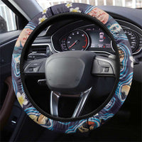 Hawaii Islands Map Design with Japanese Landscape Steering Wheel Cover Hawaiian Japan Fusion Art Navy Color LT03 - Polynesian Pride