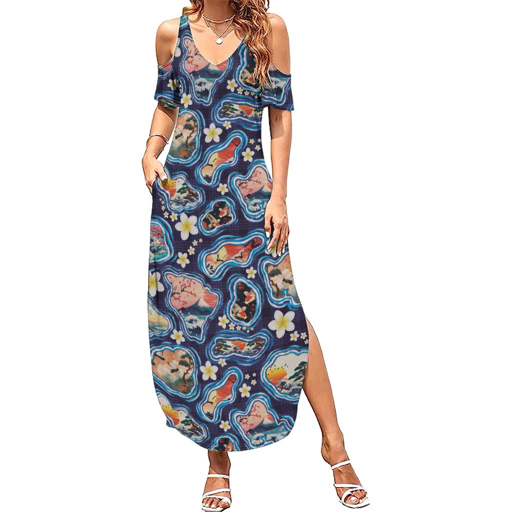 Hawaii Islands Map Design with Japanese Landscape Summer Maxi Dress Hawaiian Japan Fusion Art Navy Color LT03 Women Navy - Polynesian Pride