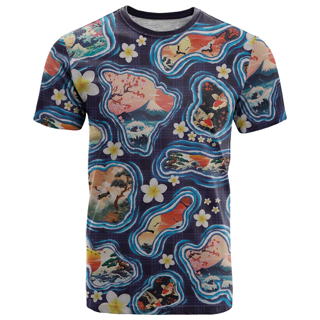 Hawaii Islands Map Design with Japanese Landscape T Shirt Hawaiian Japan Fusion Art Navy Color LT03 Navy - Polynesian Pride