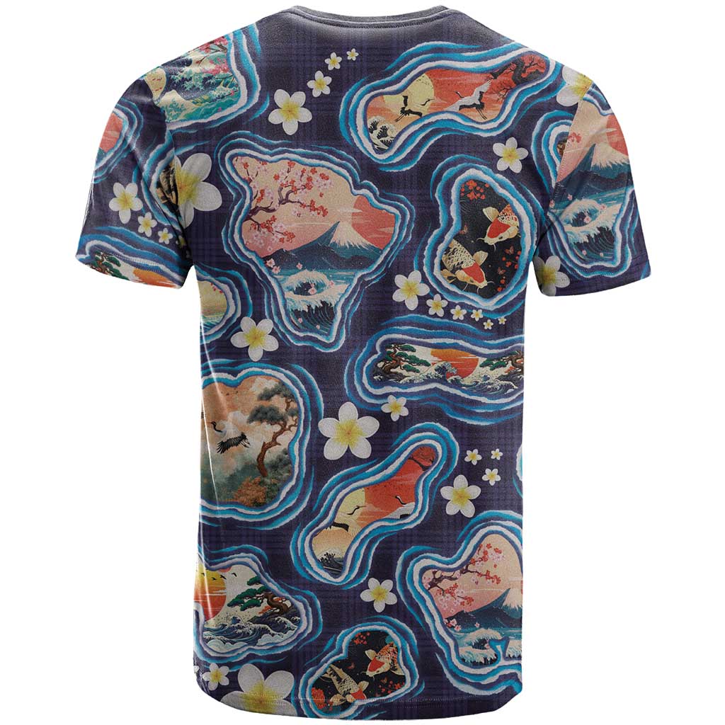 Hawaii Islands Map Design with Japanese Landscape T Shirt Hawaiian Japan Fusion Art Navy Color LT03 - Polynesian Pride