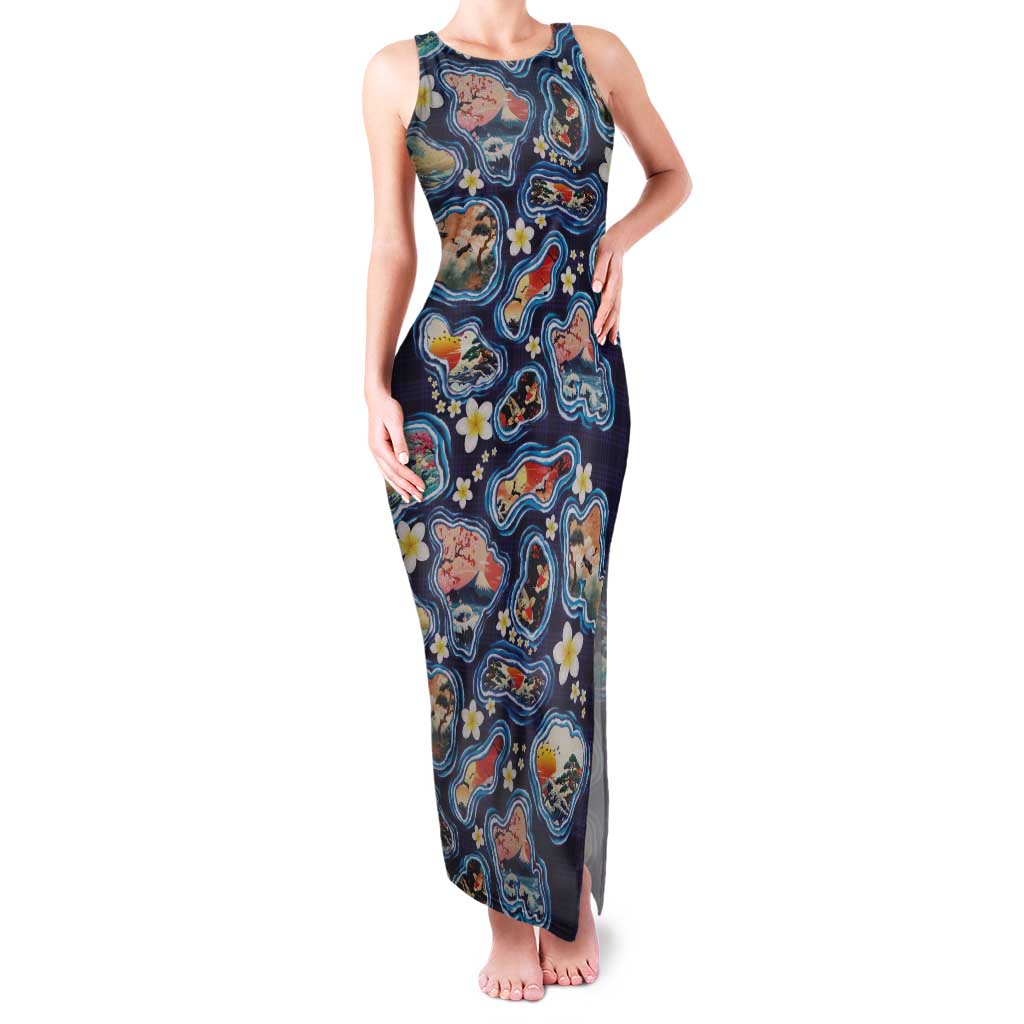 Hawaii Islands Map Design with Japanese Landscape Tank Maxi Dress Hawaiian Japan Fusion Art Navy Color LT03 Women Navy - Polynesian Pride