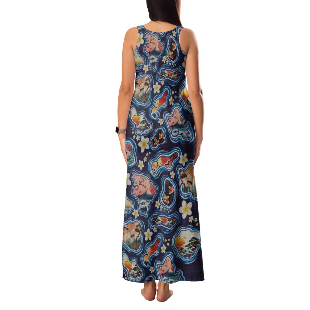 Hawaii Islands Map Design with Japanese Landscape Tank Maxi Dress Hawaiian Japan Fusion Art Navy Color LT03 - Polynesian Pride