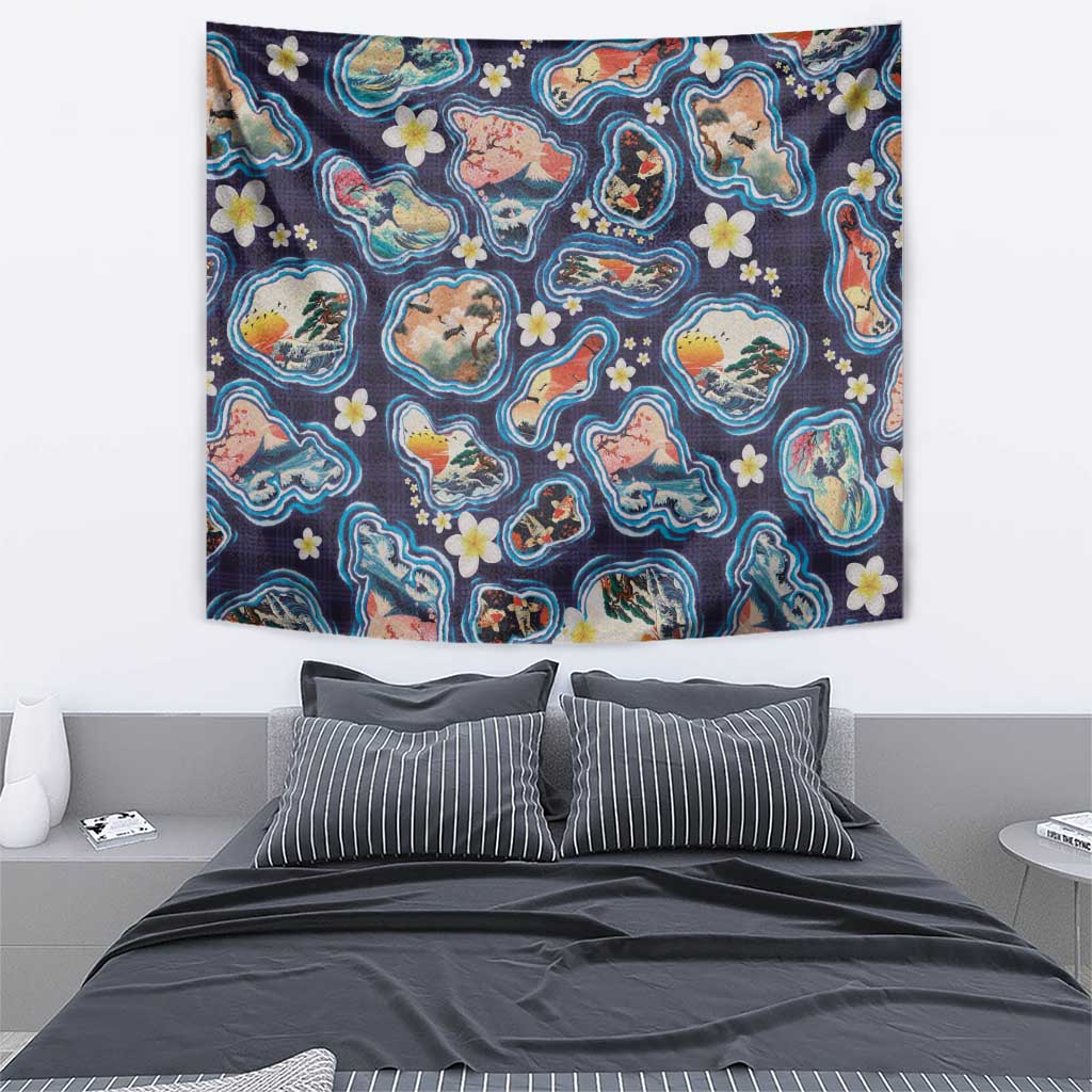 Hawaii Islands Map Design with Japanese Landscape Tapestry Hawaiian Japan Fusion Art Navy Color LT03 - Polynesian Pride