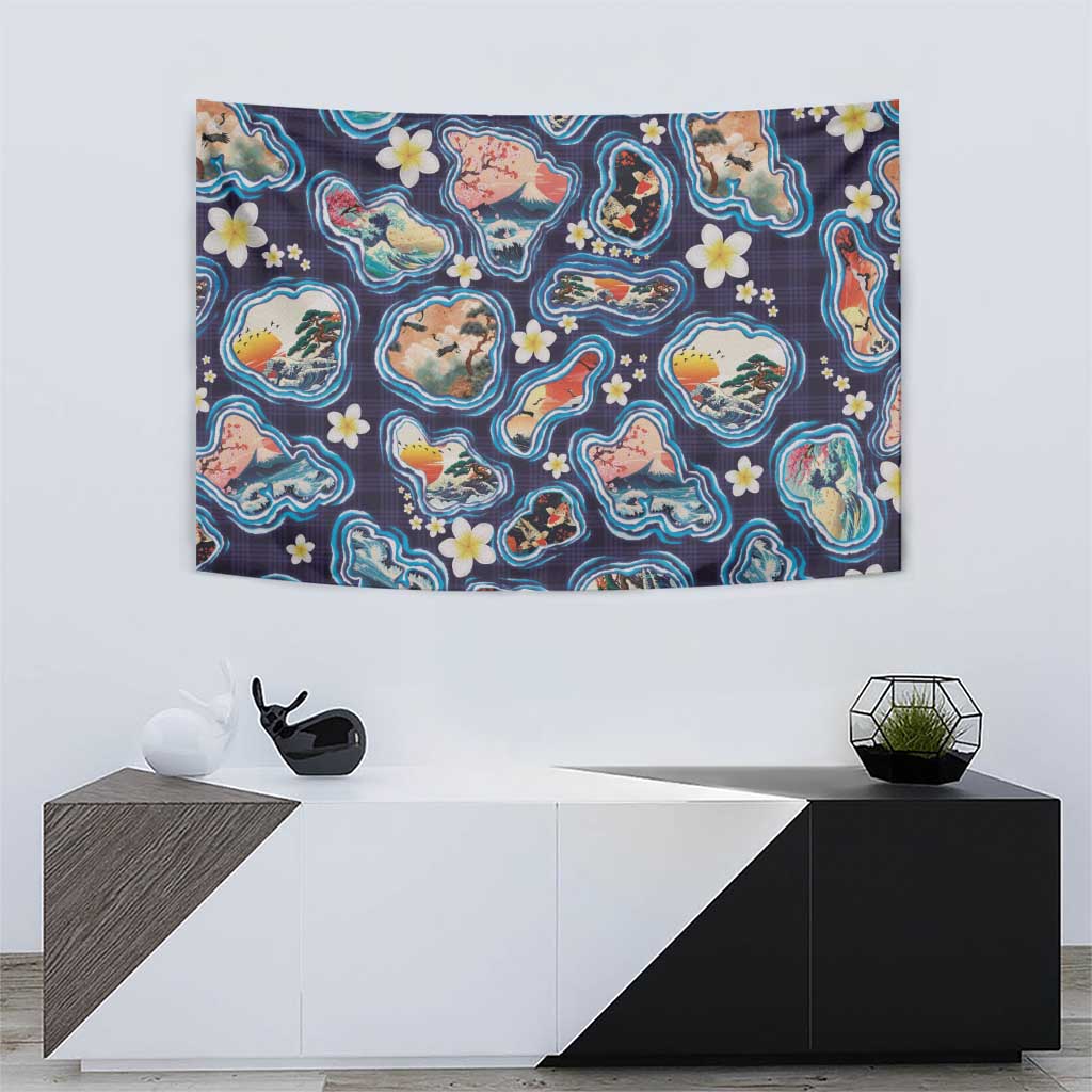 Hawaii Islands Map Design with Japanese Landscape Tapestry Hawaiian Japan Fusion Art Navy Color LT03 - Polynesian Pride