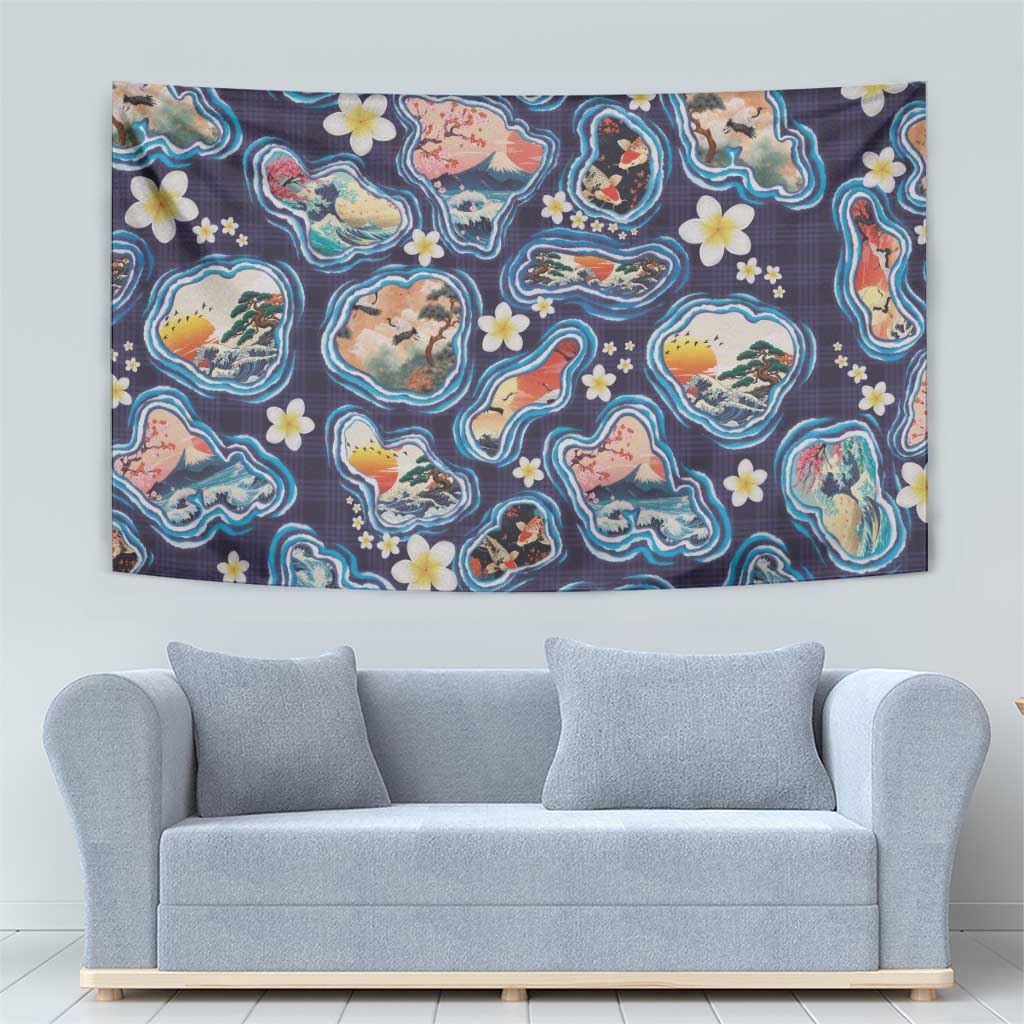 Hawaii Islands Map Design with Japanese Landscape Tapestry Hawaiian Japan Fusion Art Navy Color LT03 - Polynesian Pride