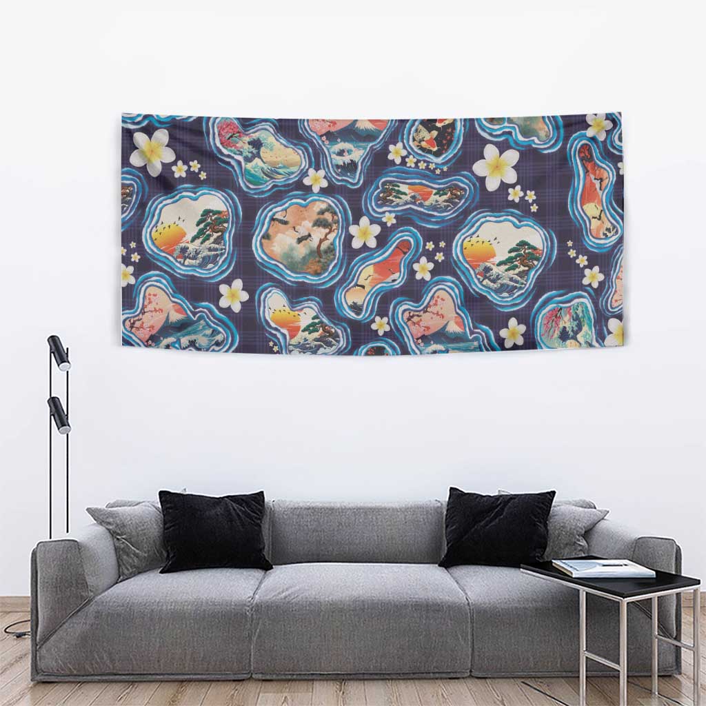 Hawaii Islands Map Design with Japanese Landscape Tapestry Hawaiian Japan Fusion Art Navy Color LT03 - Polynesian Pride