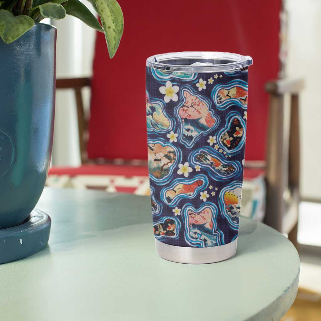 Hawaii Islands Map Design with Japanese Landscape Tumbler Cup Hawaiian Japan Fusion Art Navy Color LT03 - Polynesian Pride