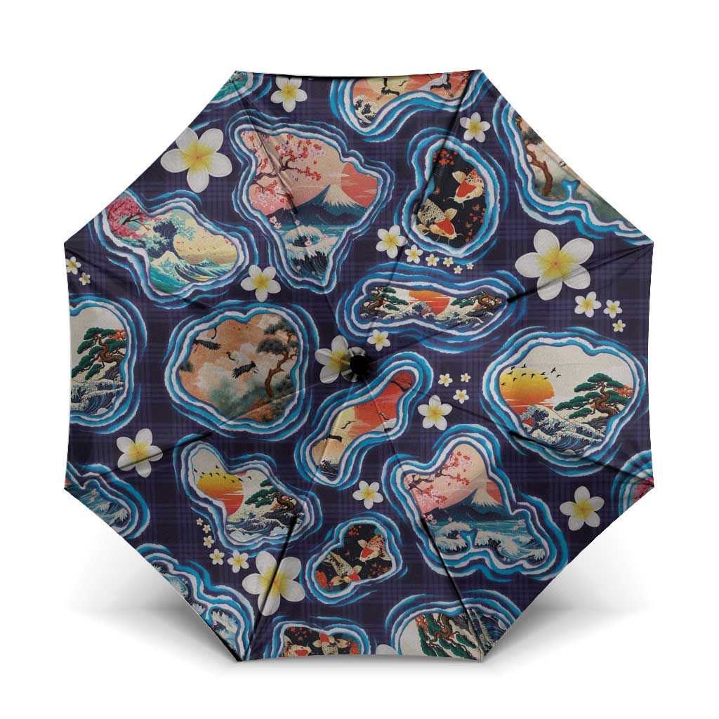 Hawaii Islands Map Design with Japanese Landscape Umbrella Hawaiian Japan Fusion Art Navy Color LT03 One Size Folded 11.42 inch Opened Diameter 37.4 inch Navy - Polynesian Pride