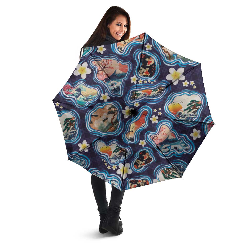 Hawaii Islands Map Design with Japanese Landscape Umbrella Hawaiian Japan Fusion Art Navy Color LT03 - Polynesian Pride