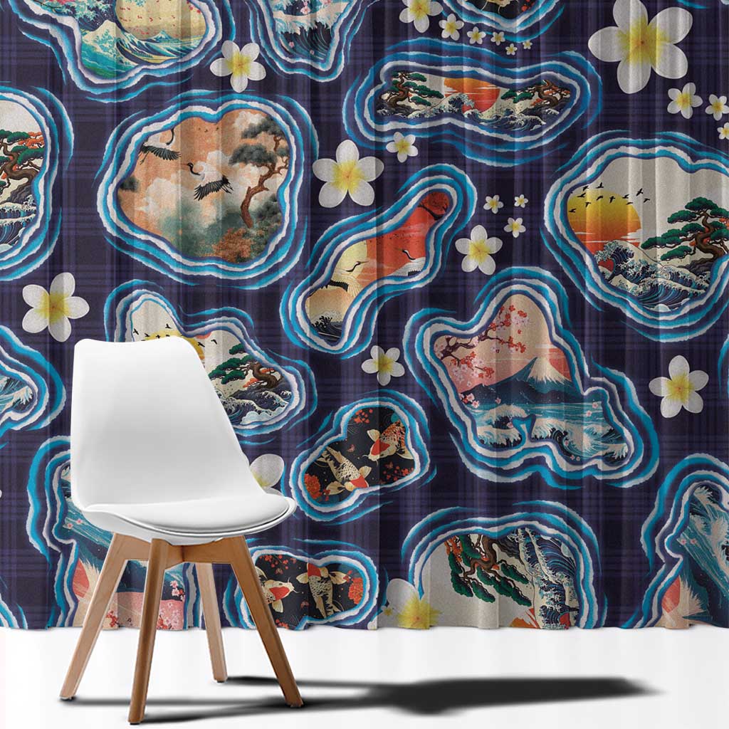 Hawaii Islands Map Design with Japanese Landscape Window Curtain Hawaiian Japan Fusion Art Navy Color LT03 - Polynesian Pride