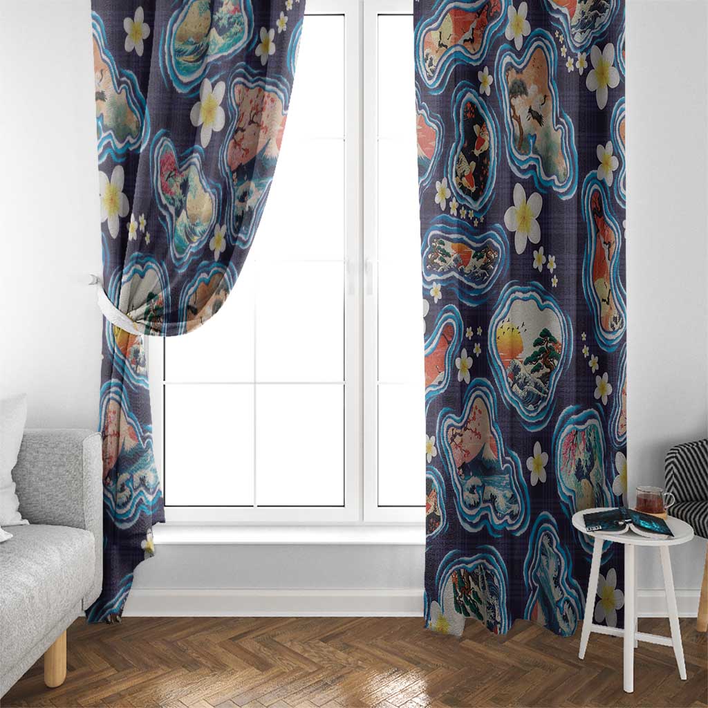 Hawaii Islands Map Design with Japanese Landscape Window Curtain Hawaiian Japan Fusion Art Navy Color LT03 - Polynesian Pride