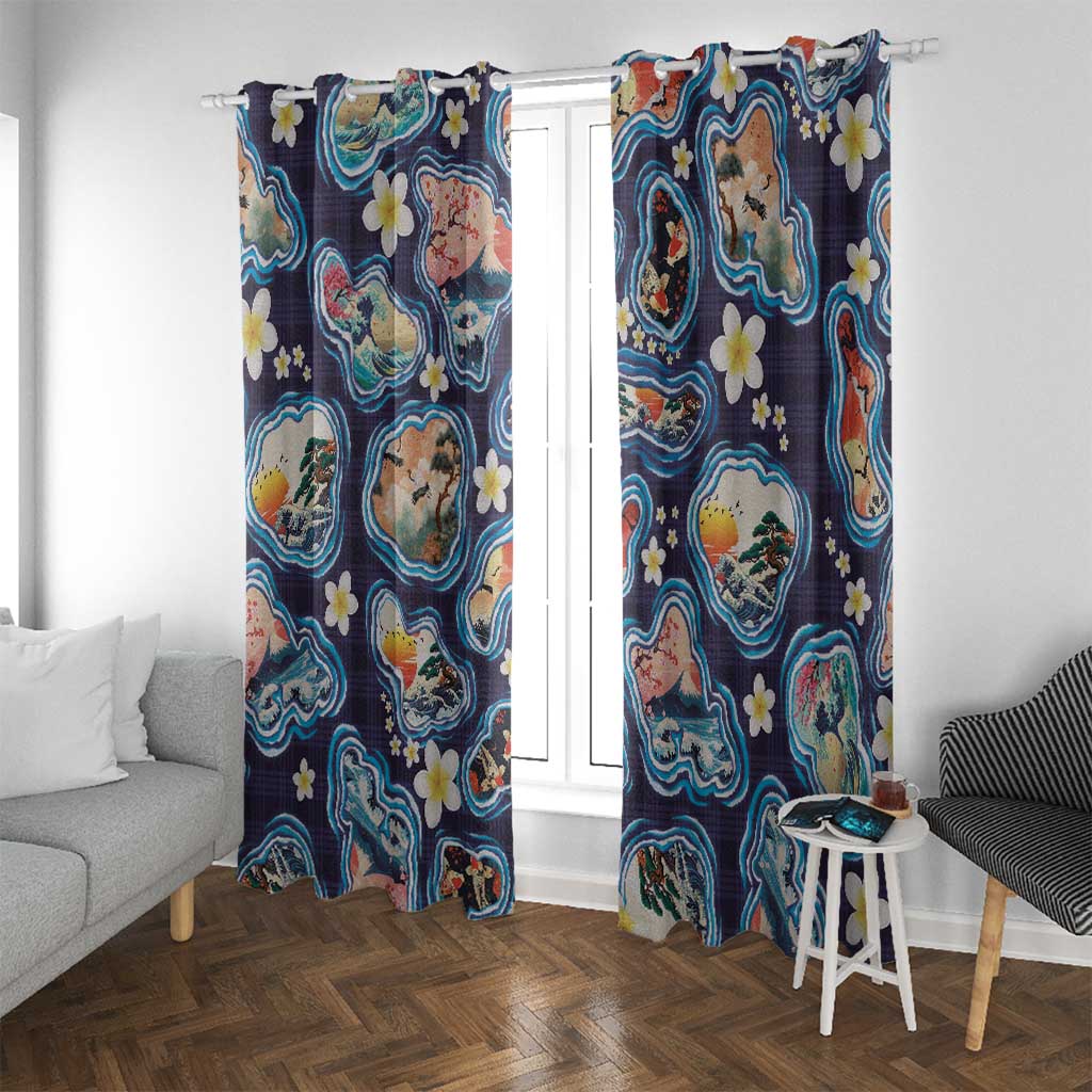 Hawaii Islands Map Design with Japanese Landscape Window Curtain Hawaiian Japan Fusion Art Navy Color LT03 With Grommets Navy - Polynesian Pride