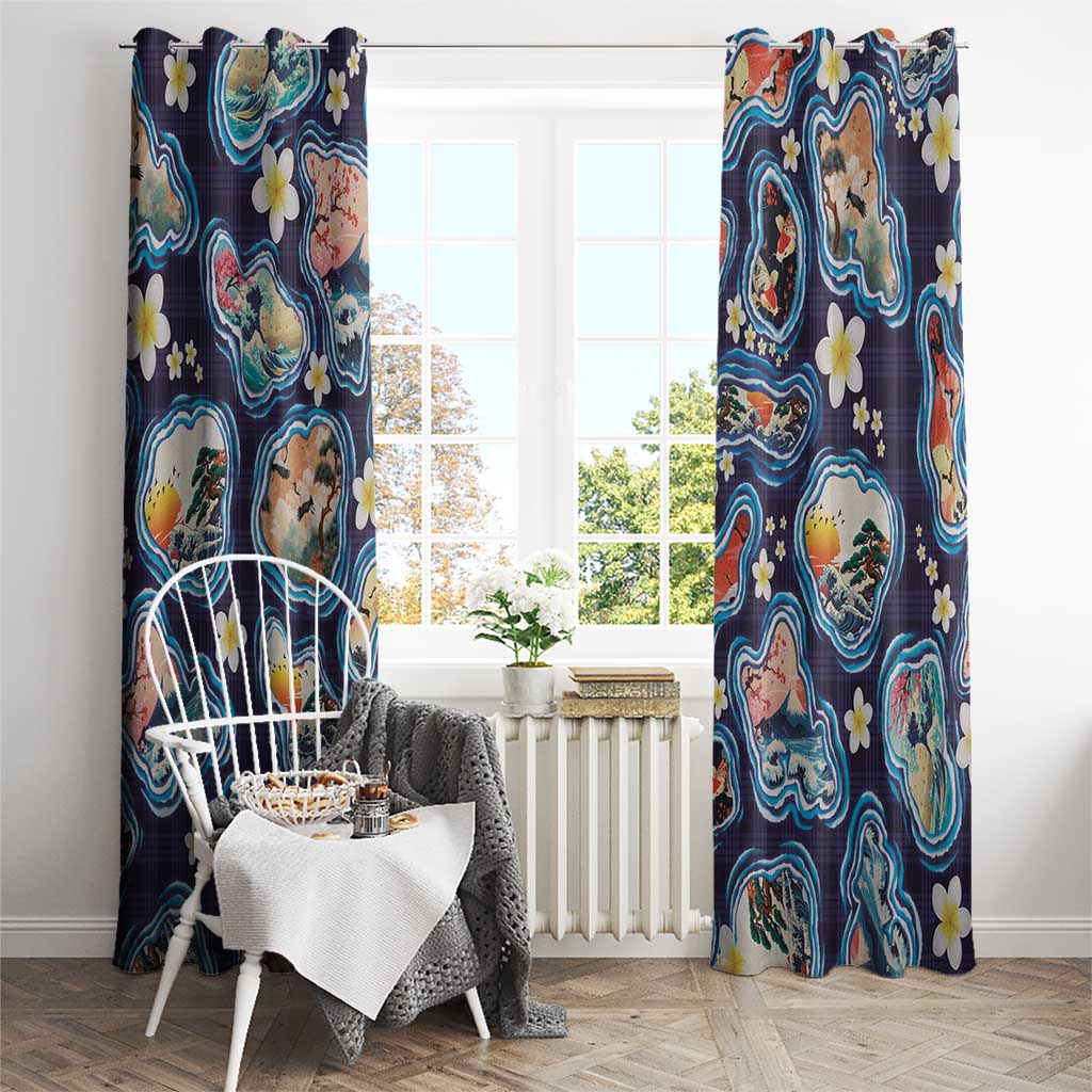 Hawaii Islands Map Design with Japanese Landscape Window Curtain Hawaiian Japan Fusion Art Navy Color LT03 - Polynesian Pride
