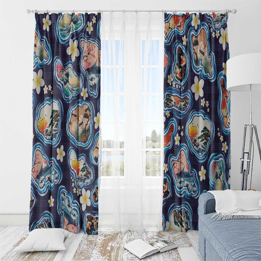 Hawaii Islands Map Design with Japanese Landscape Window Curtain Hawaiian Japan Fusion Art Navy Color LT03 - Polynesian Pride