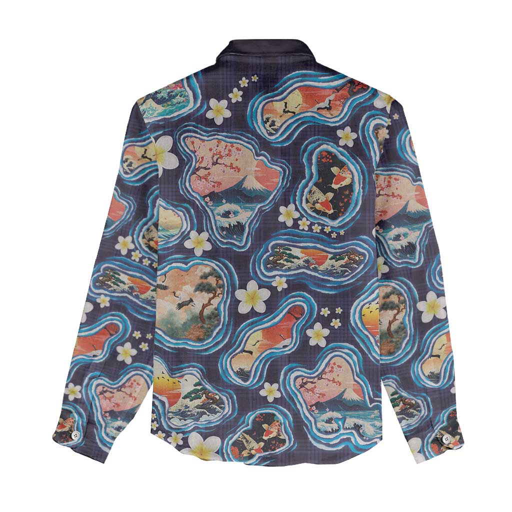 Hawaii Islands Map Design with Japanese Landscape Women Casual Shirt Hawaiian Japan Fusion Art Navy Color LT03 - Polynesian Pride