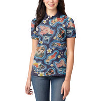Hawaii Islands Map Design with Japanese Landscape Women Polo Shirt Hawaiian Japan Fusion Art Navy Color LT03 - Polynesian Pride