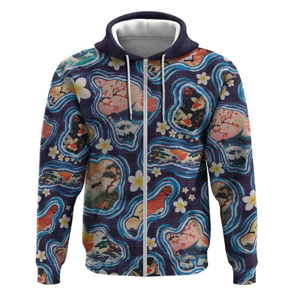 Hawaii Islands Map Design with Japanese Landscape Zip Hoodie Hawaiian Japan Fusion Art Navy Color LT03 Zip Hoodie Navy - Polynesian Pride