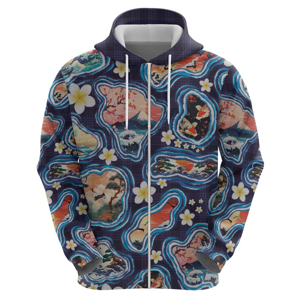 Hawaii Islands Map Design with Japanese Landscape Zip Hoodie Hawaiian Japan Fusion Art Navy Color LT03 - Polynesian Pride
