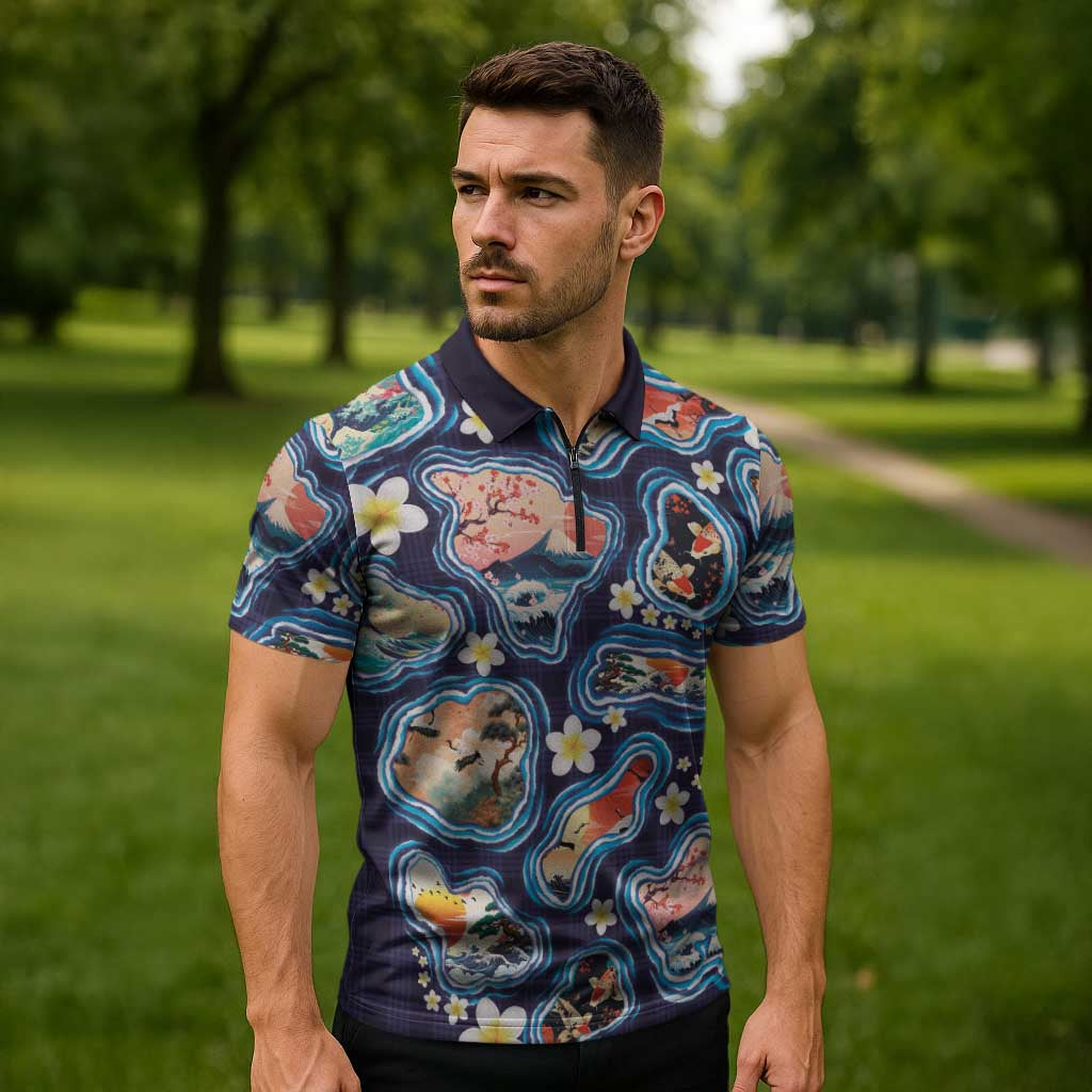 Hawaii Islands Map Design with Japanese Landscape Zipper Polo Shirt Hawaiian Japan Fusion Art Navy Color LT03 - Polynesian Pride