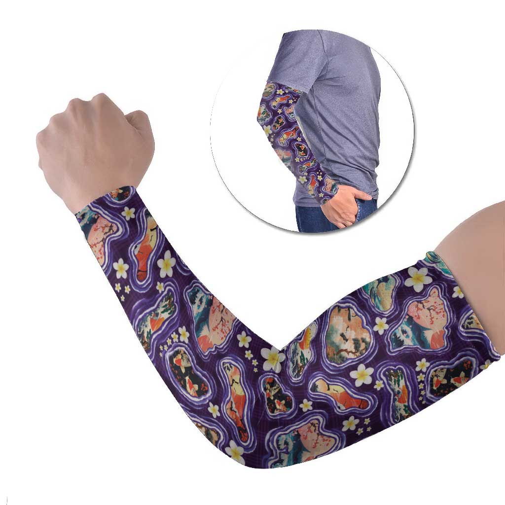 Hawaii Islands Map Design with Japanese Landscape Arm Sleeves Hawaiian Japan Fusion Art Purple Color LT03 Set of 2 Purple - Polynesian Pride