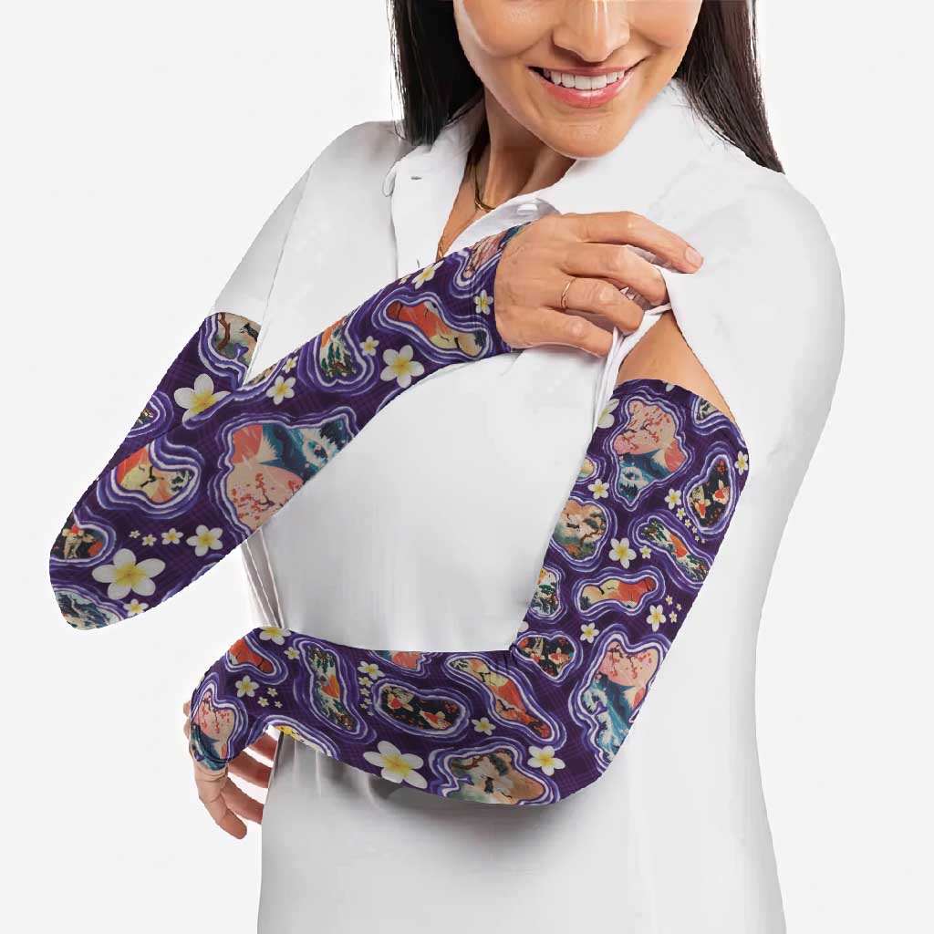 Hawaii Islands Map Design with Japanese Landscape Arm Sleeves Hawaiian Japan Fusion Art Purple Color LT03 - Polynesian Pride