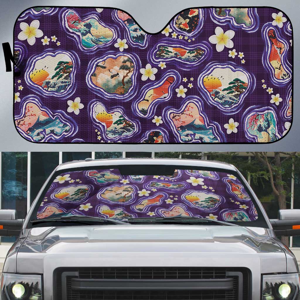 Hawaii Islands Map Design with Japanese Landscape Auto Sun Shade Hawaiian Japan Fusion Art Purple Color