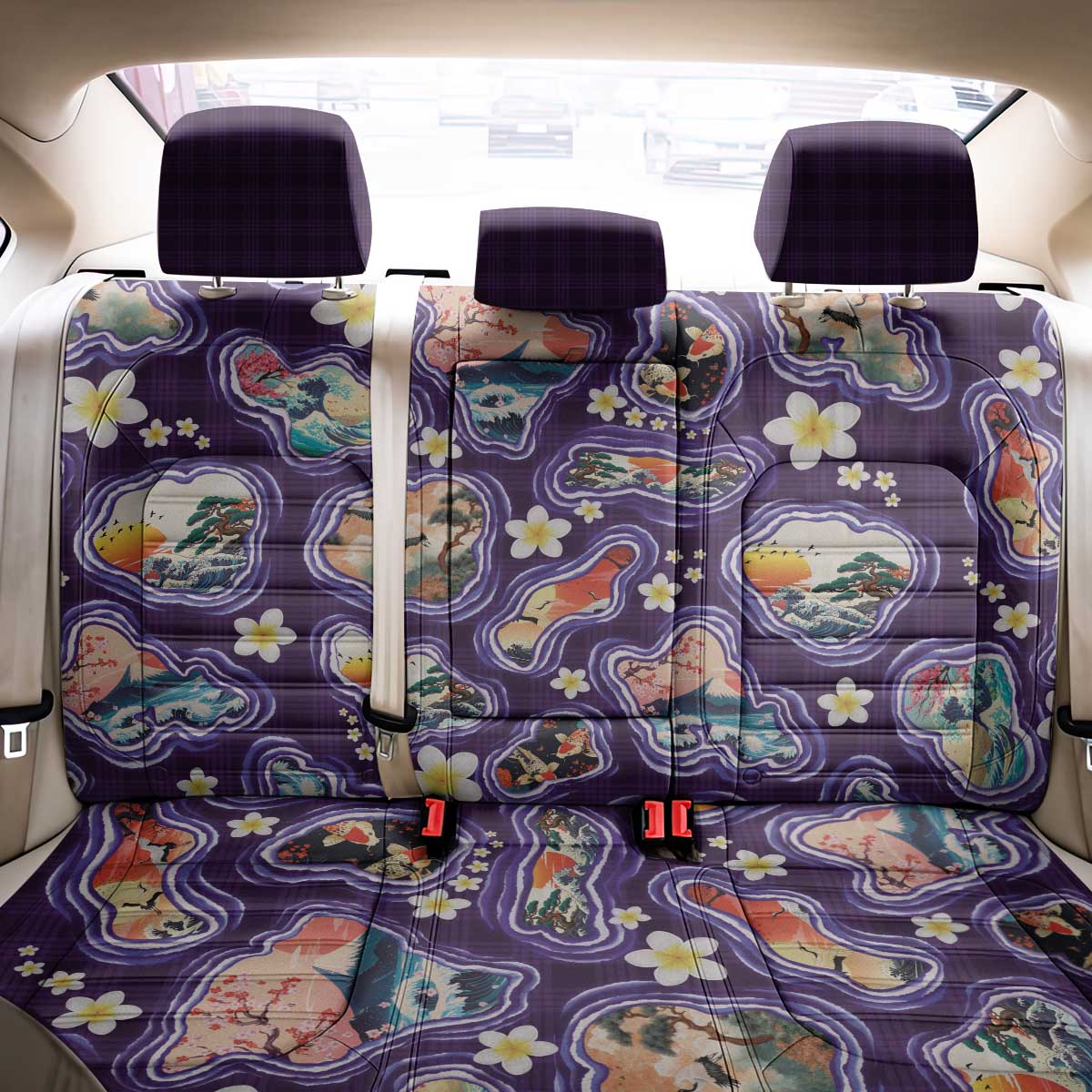 Hawaii Islands Map Design with Japanese Landscape Back Car Seat Cover Hawaiian Japan Fusion Art Purple Color LT03 - Polynesian Pride
