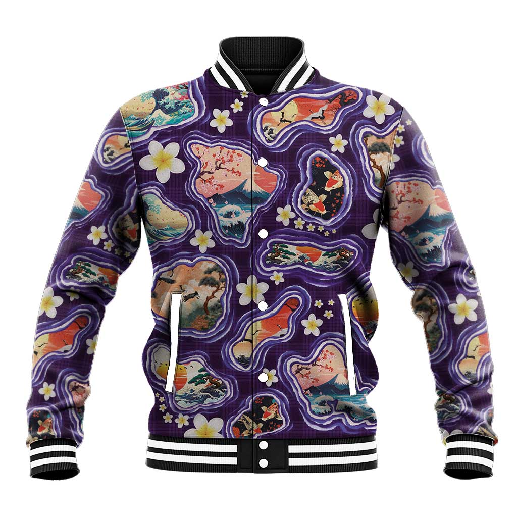 Hawaii Islands Map Design with Japanese Landscape Baseball Jacket Hawaiian Japan Fusion Art Purple Color LT03 Unisex Purple - Polynesian Pride