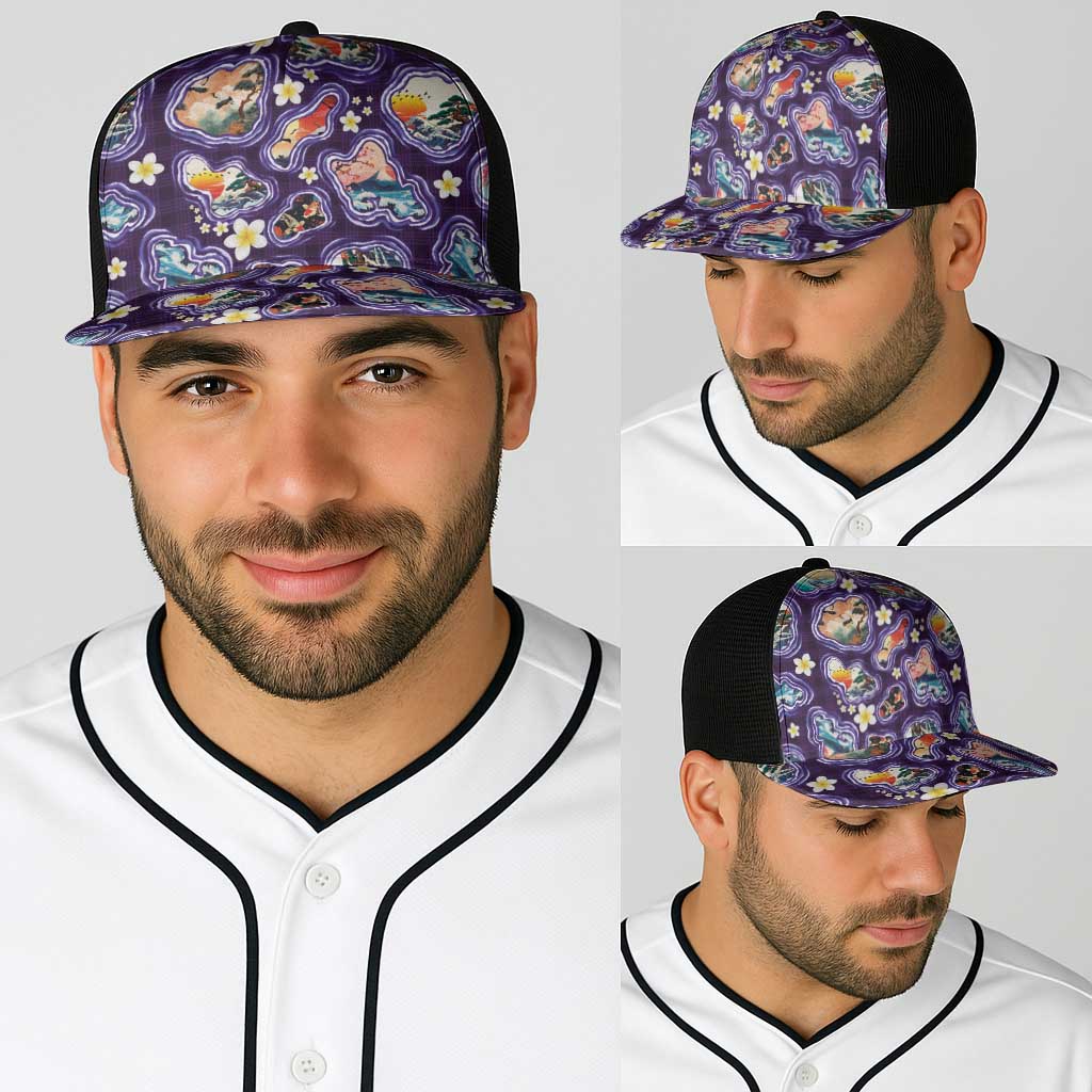 Hawaii Islands Map Design with Japanese Landscape Baseball Net Cap Hawaiian Japan Fusion Art Purple Color LT03 - Polynesian Pride