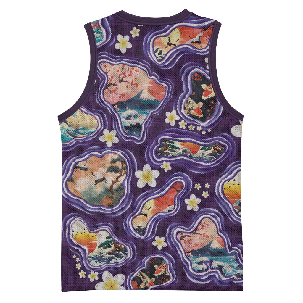 Hawaii Islands Map Design with Japanese Landscape Basketball Jersey Hawaiian Japan Fusion Art Purple Color LT03 - Polynesian Pride