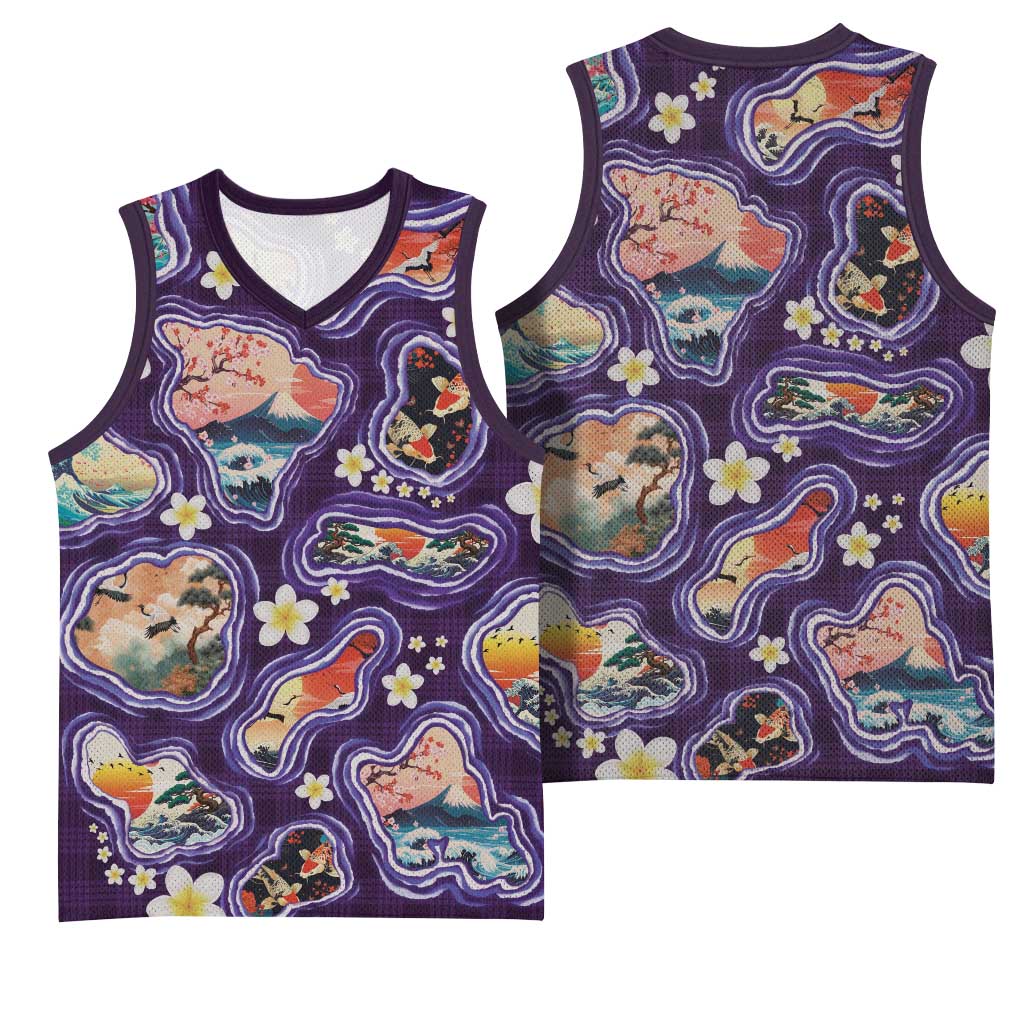 Hawaii Islands Map Design with Japanese Landscape Basketball Jersey Hawaiian Japan Fusion Art Purple Color LT03 - Polynesian Pride