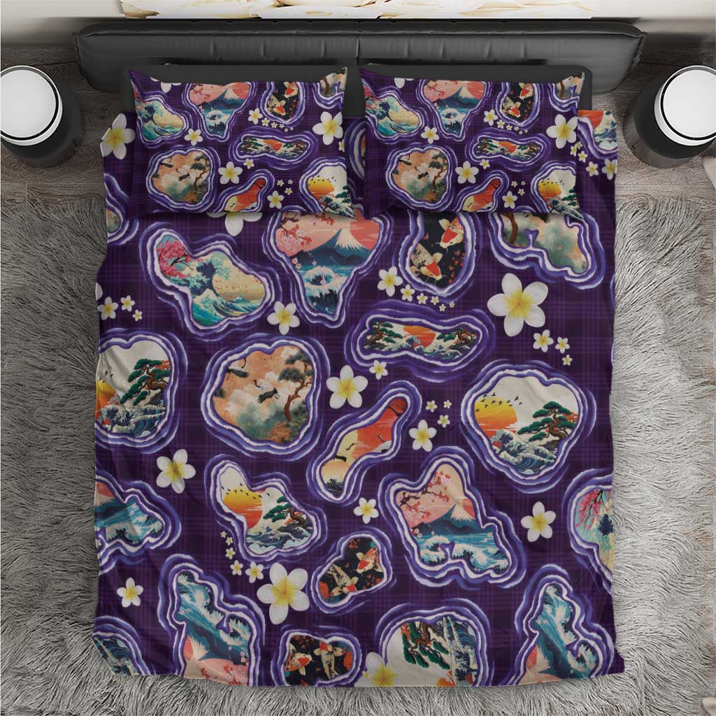 Hawaii Islands Map Design with Japanese Landscape Bedding Set Hawaiian Japan Fusion Art Purple Color LT03 Purple - Polynesian Pride