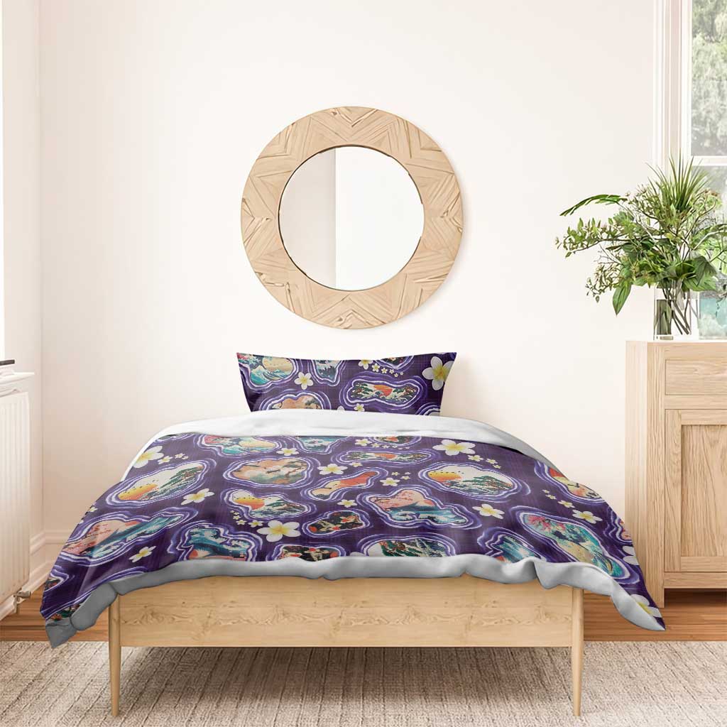 Hawaii Islands Map Design with Japanese Landscape Bedding Set Hawaiian Japan Fusion Art Purple Color LT03 - Polynesian Pride