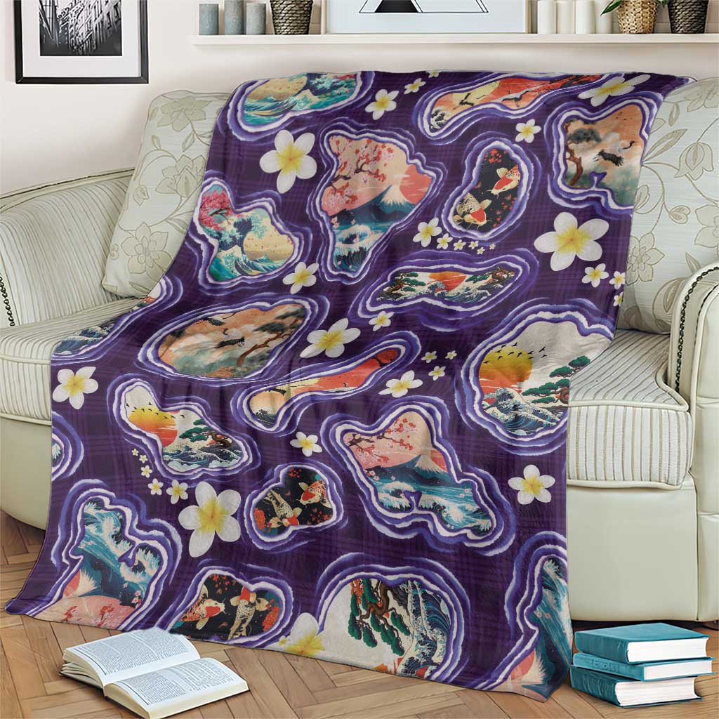 Hawaii Islands Map Design with Japanese Landscape Blanket Hawaiian Japan Fusion Art Purple Color LT03 - Polynesian Pride