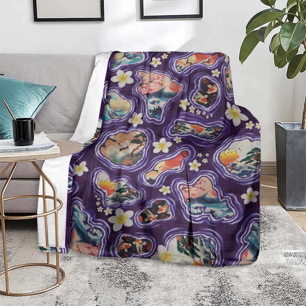 Hawaii Islands Map Design with Japanese Landscape Blanket Hawaiian Japan Fusion Art Purple Color LT03 - Polynesian Pride