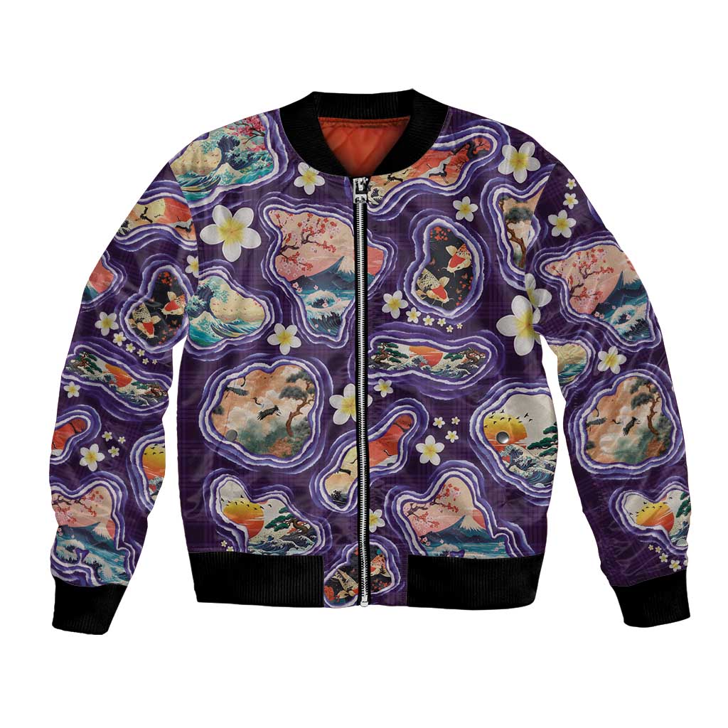 Hawaii Islands Map Design with Japanese Landscape Bomber Jacket Hawaiian Japan Fusion Art Purple Color LT03 Unisex Purple - Polynesian Pride