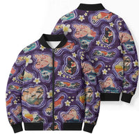 Hawaii Islands Map Design with Japanese Landscape Bomber Puffer Jacket Hawaiian Japan Fusion Art Purple Color LT03 - Polynesian Pride