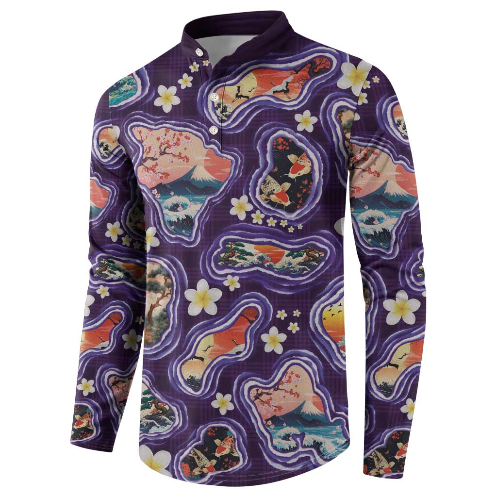 Hawaii Islands Map Design with Japanese Landscape Button Sweatshirt Hawaiian Japan Fusion Art Purple Color