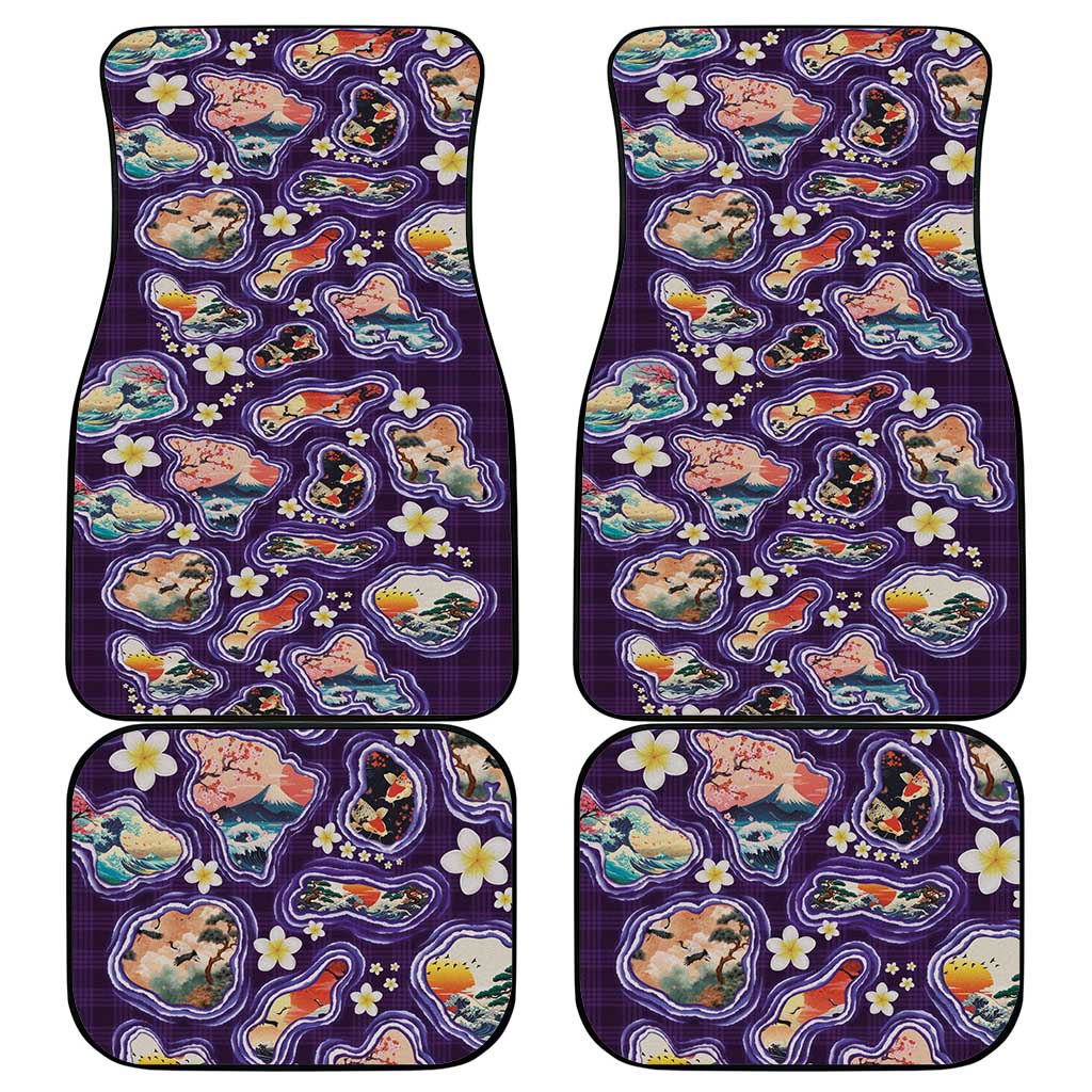 Hawaii Islands Map Design with Japanese Landscape Car Mats Hawaiian Japan Fusion Art Purple Color LT03 - Polynesian Pride