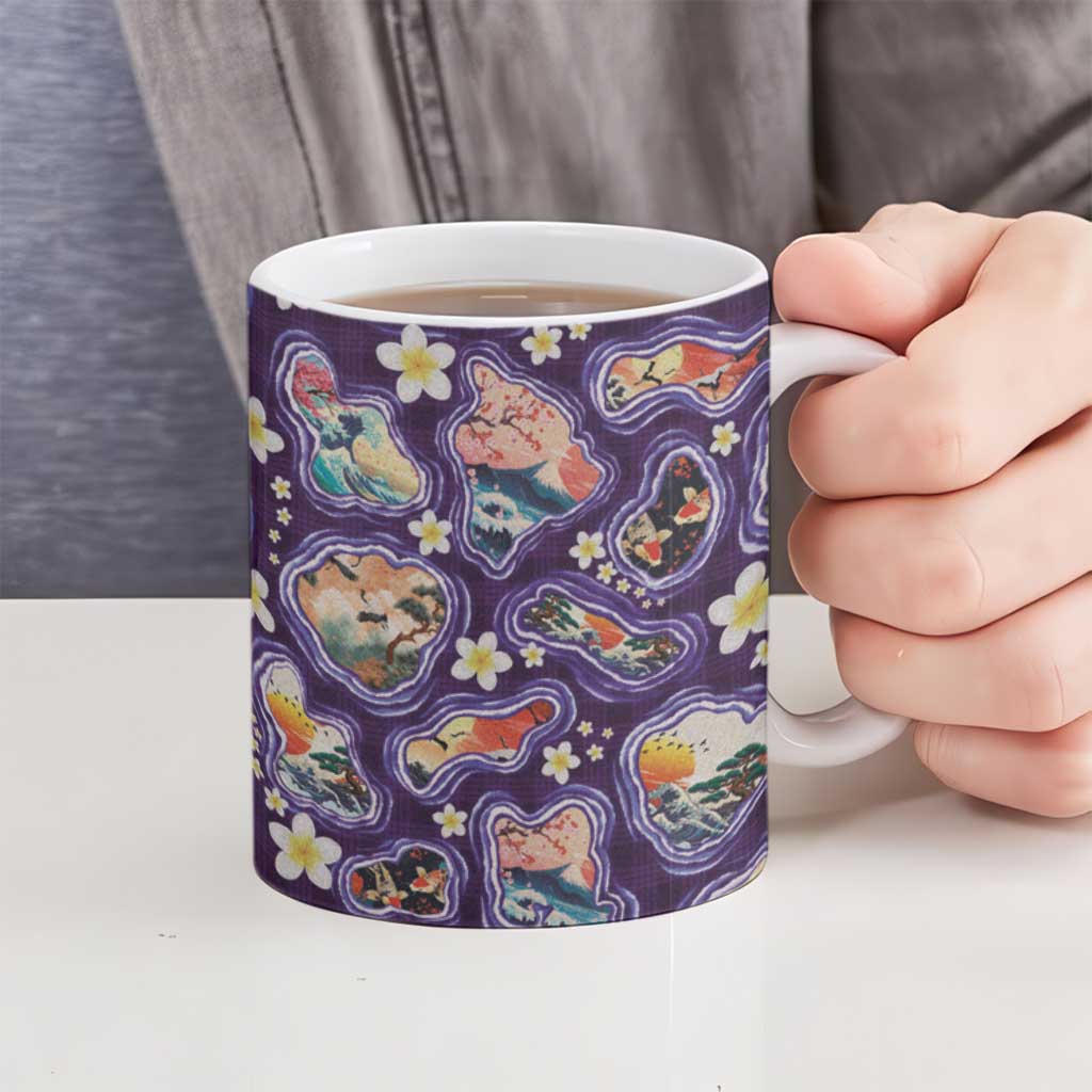 Hawaii Islands Map Design with Japanese Landscape Ceramic Mug Hawaiian Japan Fusion Art Purple Color LT03 - Polynesian Pride