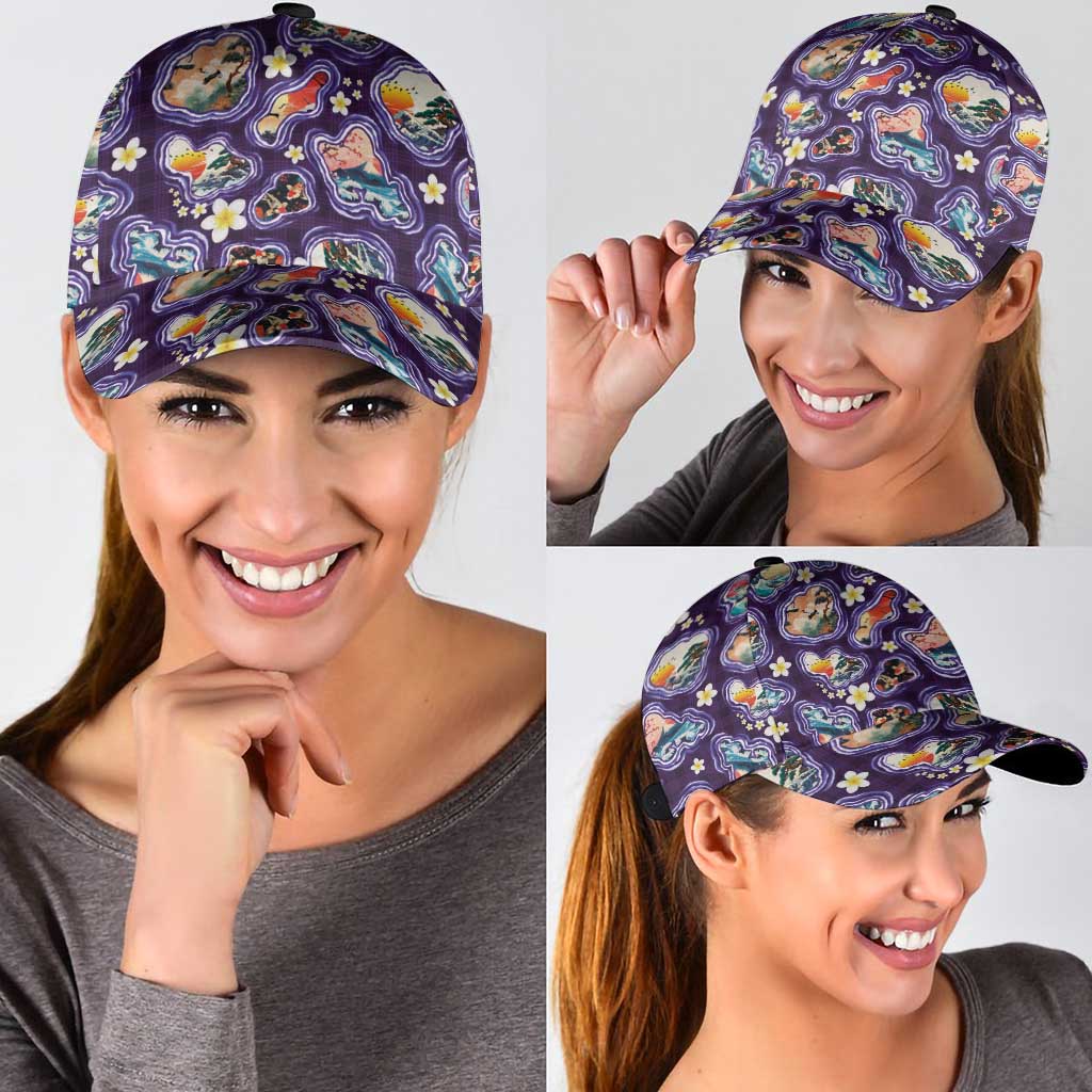 Hawaii Islands Map Design with Japanese Landscape Classic Cap Hawaiian Japan Fusion Art Purple Color LT03 - Polynesian Pride