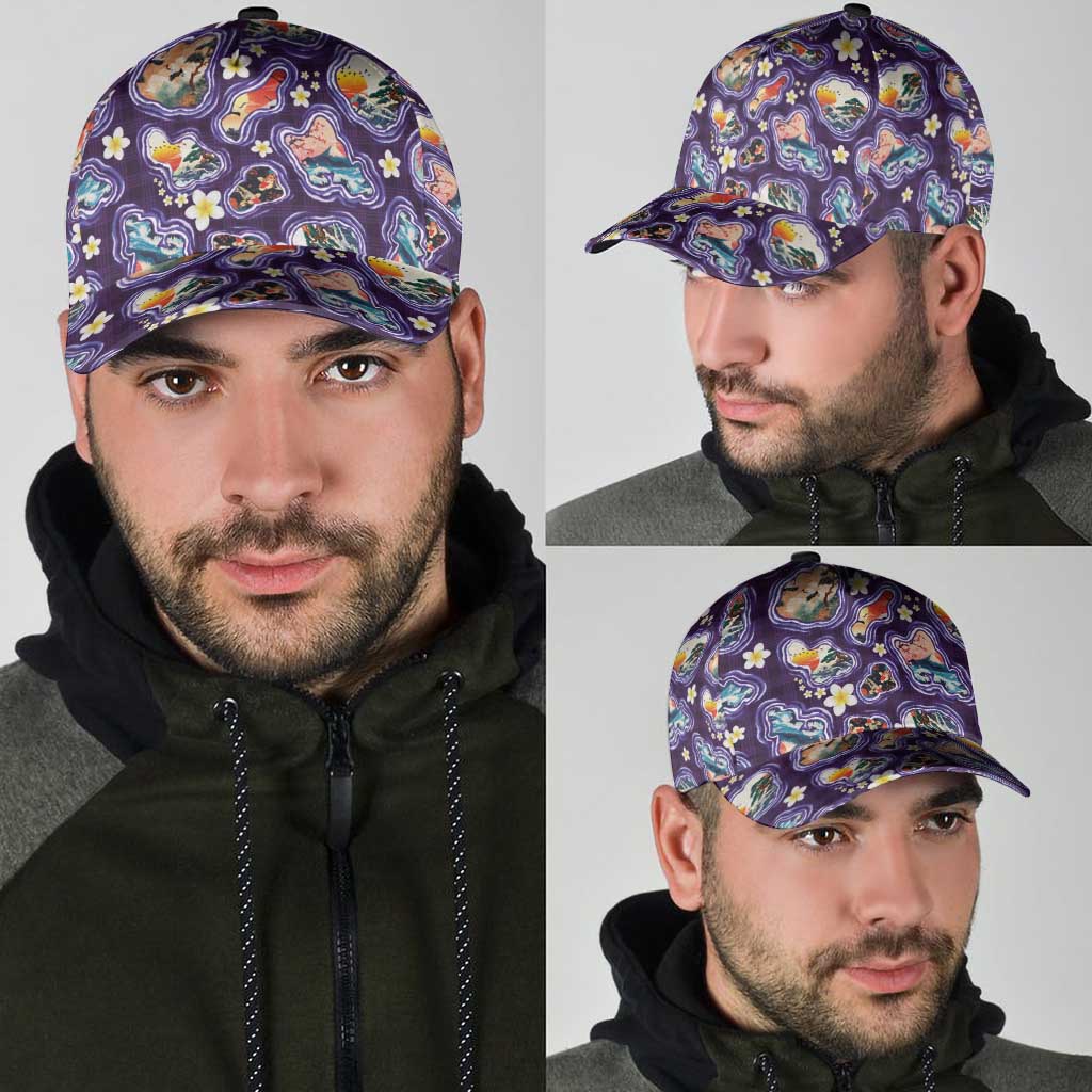 Hawaii Islands Map Design with Japanese Landscape Classic Cap Hawaiian Japan Fusion Art Purple Color LT03 - Polynesian Pride