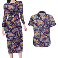 Hawaii Islands Map Design with Japanese Landscape Couples Matching Long Sleeve Bodycon Dress and Hawaiian Shirt Hawaiian Japan Fusion Art Purple Color LT03 Purple - Polynesian Pride