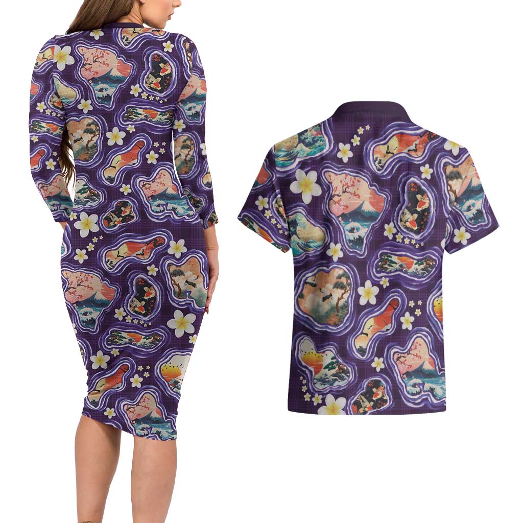 Hawaii Islands Map Design with Japanese Landscape Couples Matching Long Sleeve Bodycon Dress and Hawaiian Shirt Hawaiian Japan Fusion Art Purple Color LT03 - Polynesian Pride
