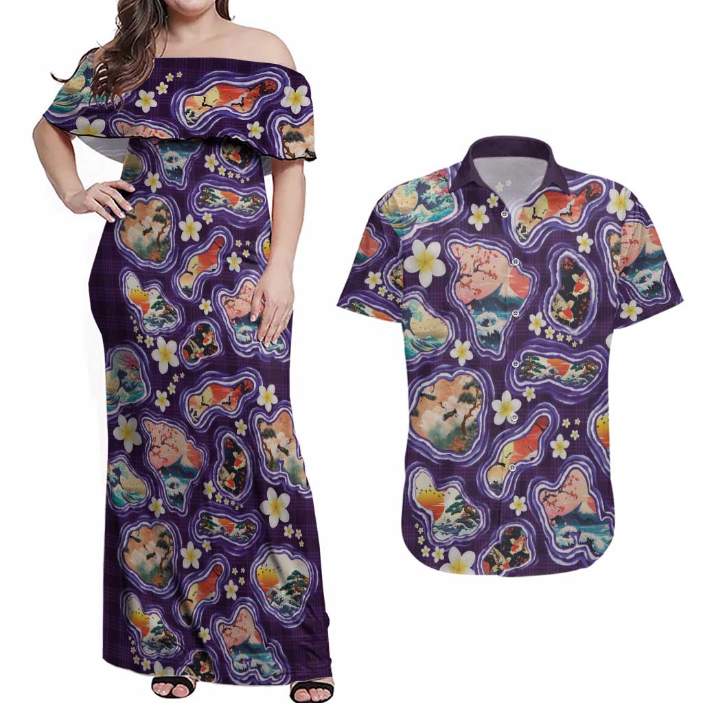 Hawaii Islands Map Design with Japanese Landscape Couples Matching Off Shoulder Maxi Dress and Hawaiian Shirt Hawaiian Japan Fusion Art Purple Color LT03 Purple - Polynesian Pride