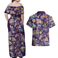 Hawaii Islands Map Design with Japanese Landscape Couples Matching Off Shoulder Maxi Dress and Hawaiian Shirt Hawaiian Japan Fusion Art Purple Color LT03 - Polynesian Pride